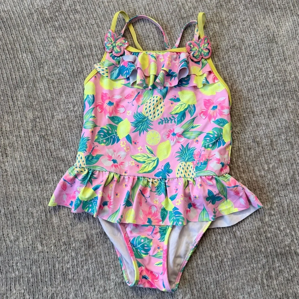 Betsey Johnson Girls Tropical Ruffle One-Piece Swimsuit Pink Floral‎ 7/8